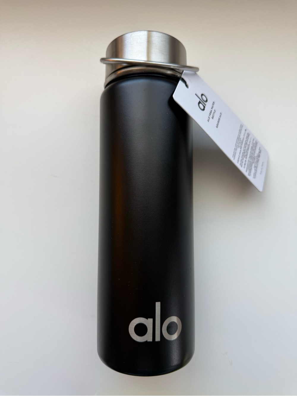 ALO Yoga Matte Black Water Bottle with Silver Lid